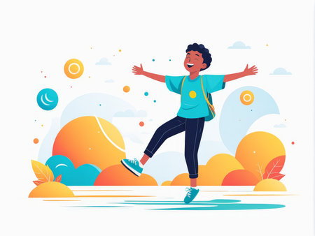 A joyful person playing with a ball in an abstract, colorful landscapeの素材