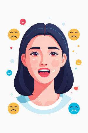 A cheerful woman surrounded by various colorful emojis expressing different emotionsの素材