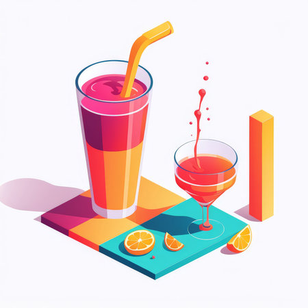 An artistic depiction of a refreshing redorange beverage with splashes and ice cubesの素材
