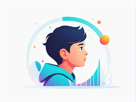 A person with dark hair looking forward in a colorful abstract digital environmentの素材