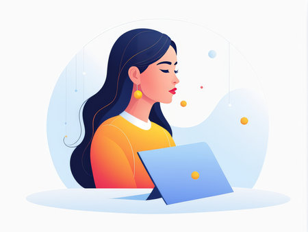 A modern woman working on a laptop in a minimalistic digital illustrationの素材