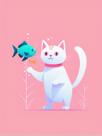A whimsical illustration of a cat with fish underwater decorationsの素材
