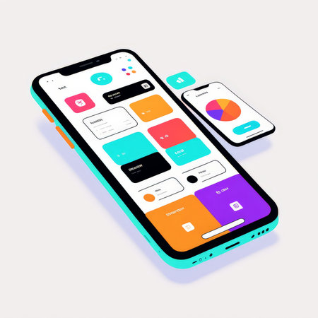 A stylish smartphone with various colorful application icons and a smaller device displaying analyticsの素材