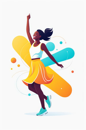 A joyful woman skateboarding with a bright background of colorsの素材