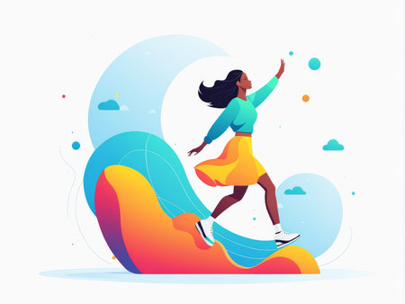 A woman joyfully running on a colorful wave with floating balls in an abstract backgroundの素材