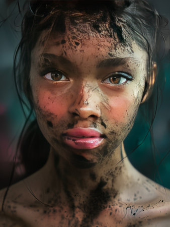 A young woman with a dramatic expression and her face covered in paint or mudの素材