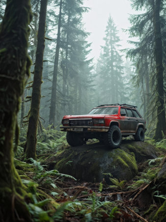 A vintage SUV navigates through a misty forestの素材