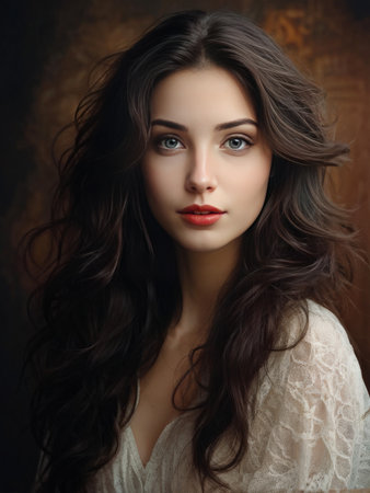 A romantic and elegant portrait of a young woman with flowing hairの素材