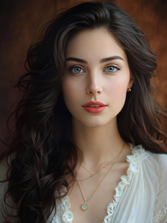 Portrait of a young woman with expressive eyes and flowing hair against an earthy backgroundの素材