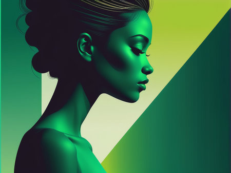 Fashion portrait of a beautiful woman. Vector illustration. Green background.の素材