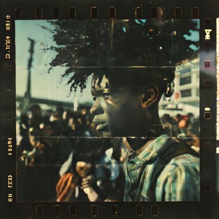 A reflective image of a young man amidst a bustling urban environmentの素材