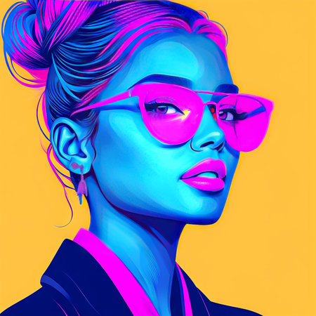 Portrait of a beautiful young woman with blue eyes and pink sunglasses.の素材