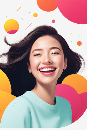 An animated woman with joyful expression amidst abstract colorful shapesの素材