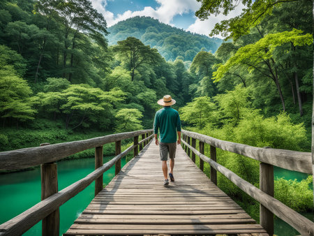A person walking on a wooden bridge over turquoise waters surrounded by lush green forest and mountainous backdropの素材