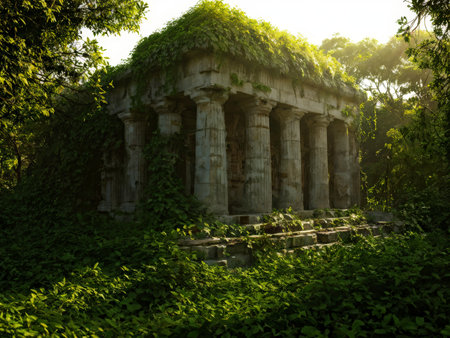 A weathered temple overgrown with greenery amidst a dense forestの素材