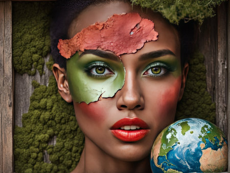 A digitally manipulated image of a woman with naturethemed makeup and elements symbolizing environmental awarenessの素材