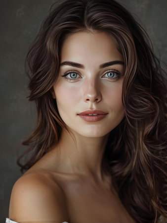 Portrait of a beautiful young woman with long brown curly hair and green eyesの素材