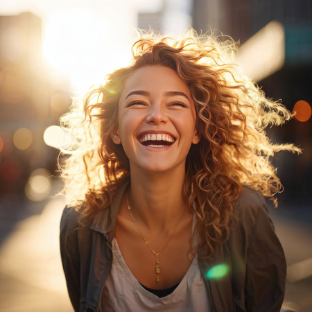 A joyful woman with tousled hair laughing in an urban setting during sunsetの素材