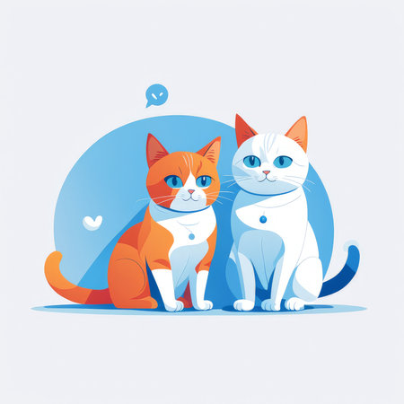 A digital illustration of two cats with a speech bubble and hearts graphicの素材