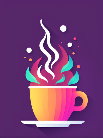 A colorful and whimsical representation of a hot beverage with floral elementsの素材