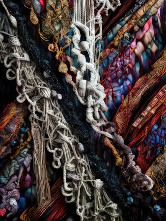 An intricate Macram display with a blend of colors and texturesの素材