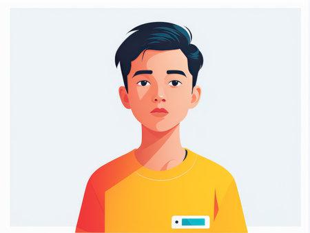 A young person with a confident expression wearing casual attire against a plain backgroundの素材