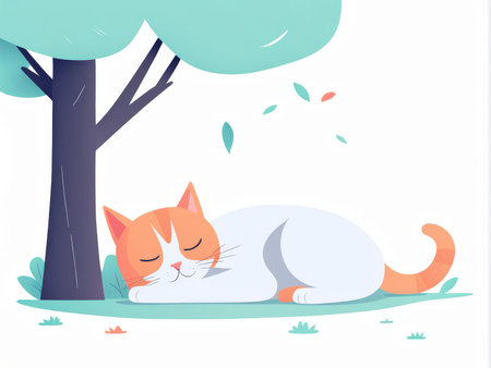 A peaceful cat enjoying a nap under a tree during springtimeの素材