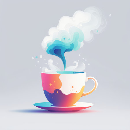 A colorful cup of tea with a swirling smoke patternの素材