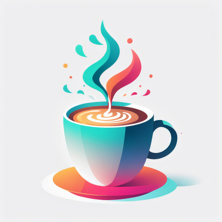 An abstract representation of a steaming cup of coffee with colorful smoke swirling around itの素材