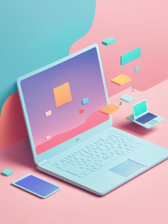 Digital devices displayed in an isometric view with floating geometric shapesの素材