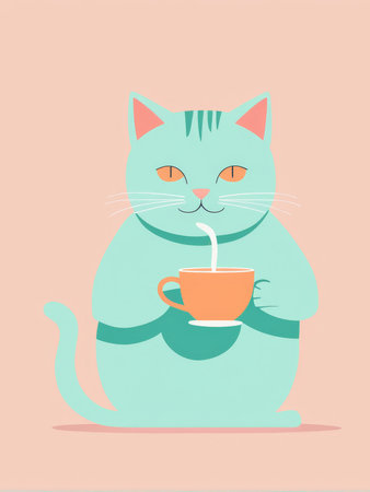 A cartoon cat enjoying a cup of teaの素材