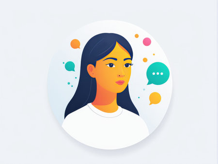 An illustration of a person with speech bubbles symbolizing communication and thoughtの素材