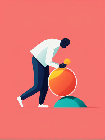 A person handling a large orange sphere with focus and care against a red backgroundの素材