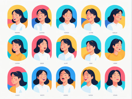 A series of illustrated portraits showcasing diverse people with different expressions and backgroundsの素材