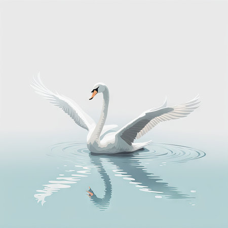 A graceful white swan with outstretched wings and a reflection in the waterの素材