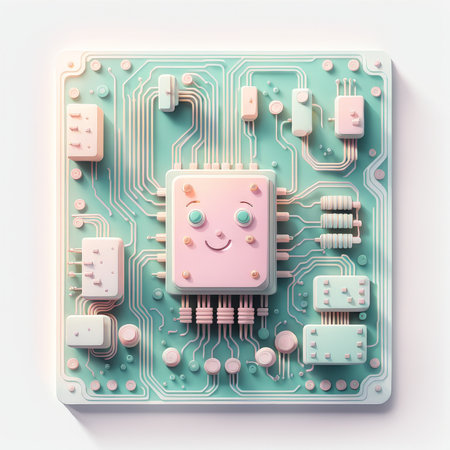 A whimsical representation of a circuit board with a smiling face at its centerの素材