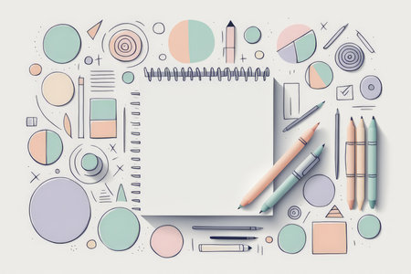 A collection of stationery items arranged around a spiral notepadの素材