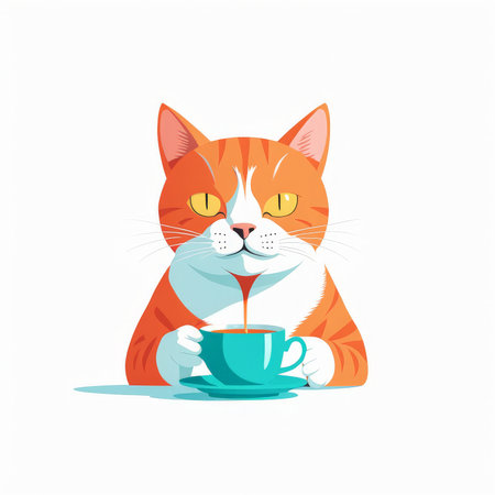 An animated cat enjoying a cup of teaの素材