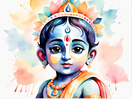 A watercolor illustration of Lord Krishna in traditional attire adorned with colorful accessoriesの素材