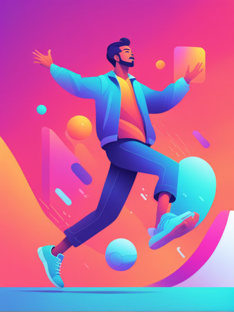 A young man in motion against a colorful abstract backgroundの素材