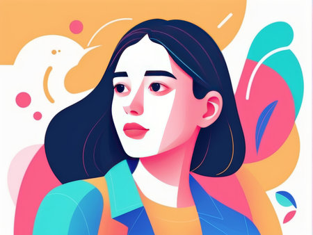 A stylized illustration of a young woman with striking color contrasts and abstract background elementsの素材