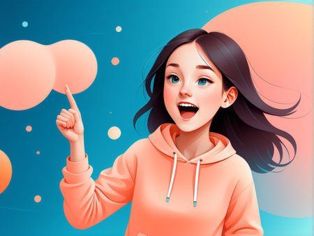 An animated character points at floating balloons with a joyful expressionの素材