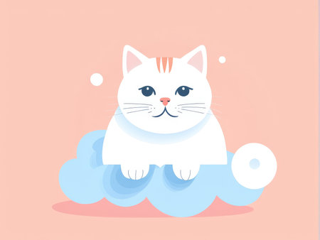 A whimsical illustration of a cat on clouds in pastel colorsの素材