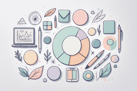 A stylized collection of business and creativityrelated items arranged around a pie chartの素材