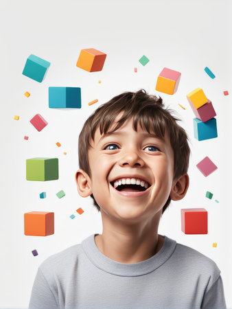 A joyful child is surrounded by floating colorful blocks against a white backgroundの素材