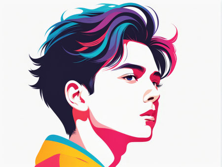 A stylized portrait of a person with colorful hair and clothingの素材