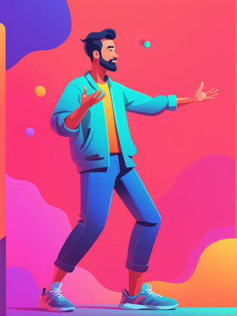 A man in casual attire engaging with colorful spheres against a vivid backgroundの素材