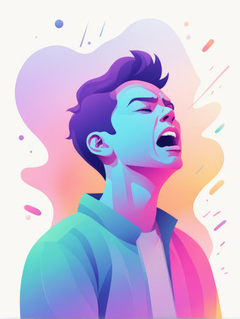 A colorful digital illustration of a man expressing joyの素材