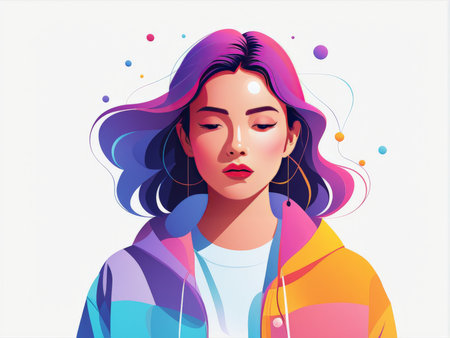 A digital art illustration of a woman with closed eyes and colorful hair wearing a multicolored hoodieの素材