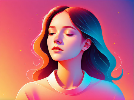 An ethereal digital illustration portraying a serene woman amidst a warm color gradientの素材